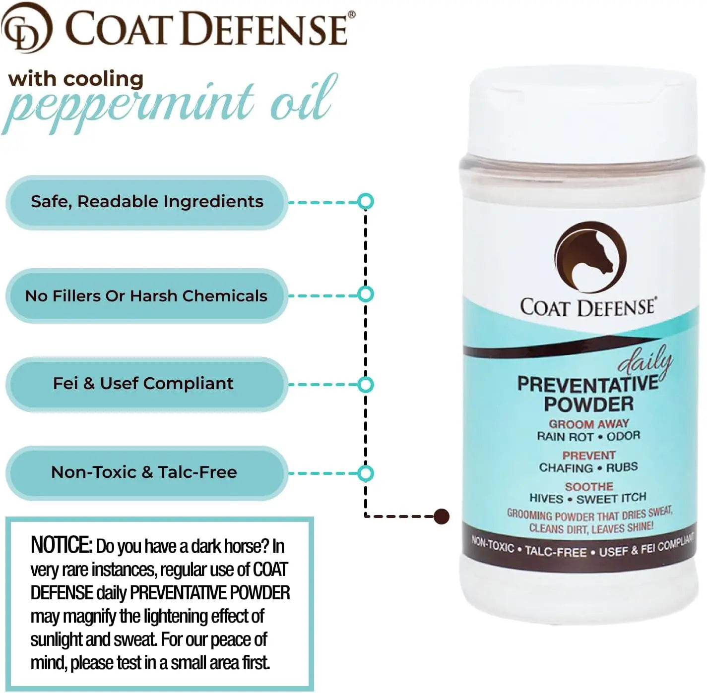 COAT DEFENSE Daily Grooming Powder for Horses | Natural Dry Shampoo | 64 Oz Formula for a Fresh and Healthy Coat Horsepowder, Inc.