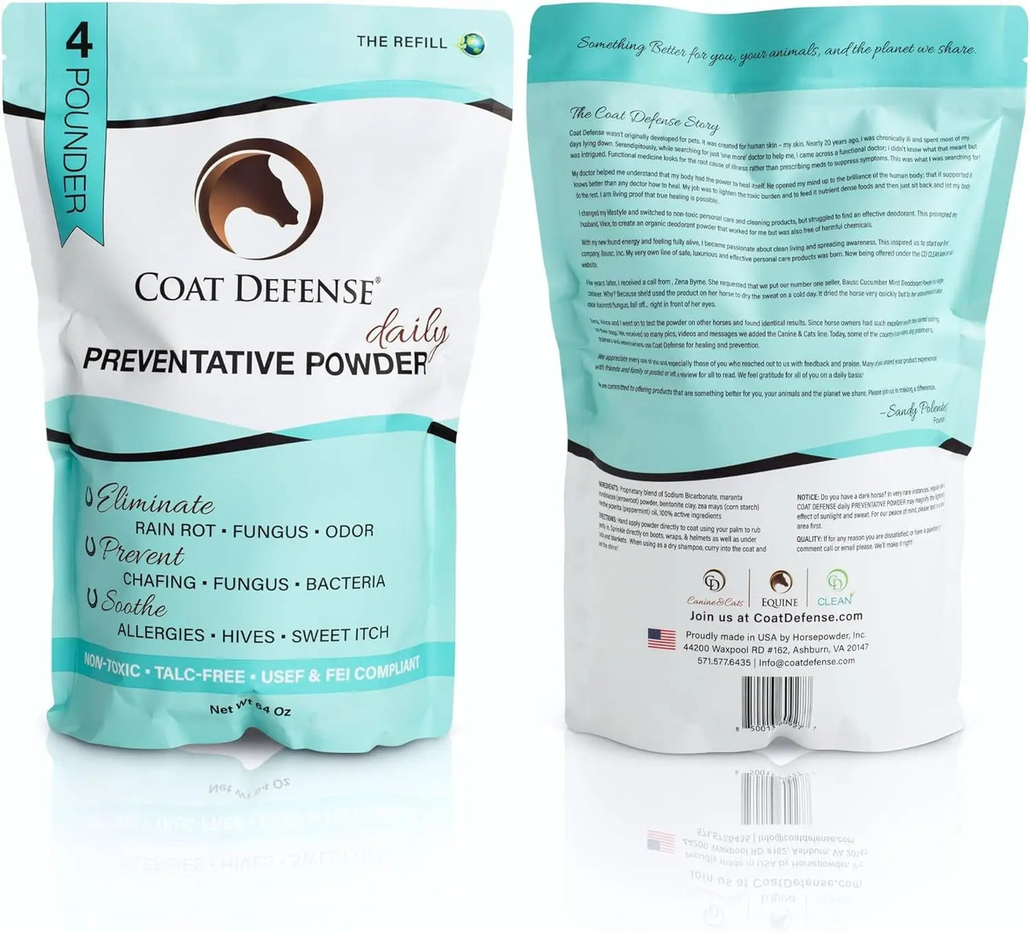 COAT DEFENSE Daily Grooming Powder for Horses | Natural Dry Shampoo | 64 Oz Formula for a Fresh and Healthy Coat Horsepowder, Inc.