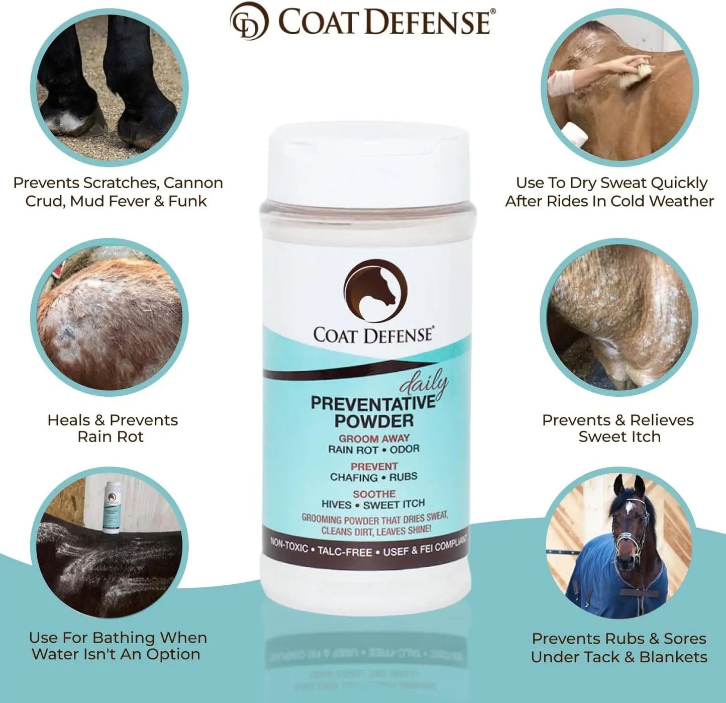 COAT DEFENSE Daily Grooming Powder for Horses | Natural Dry Shampoo | 64 Oz Formula for a Fresh and Healthy Coat Horsepowder, Inc.