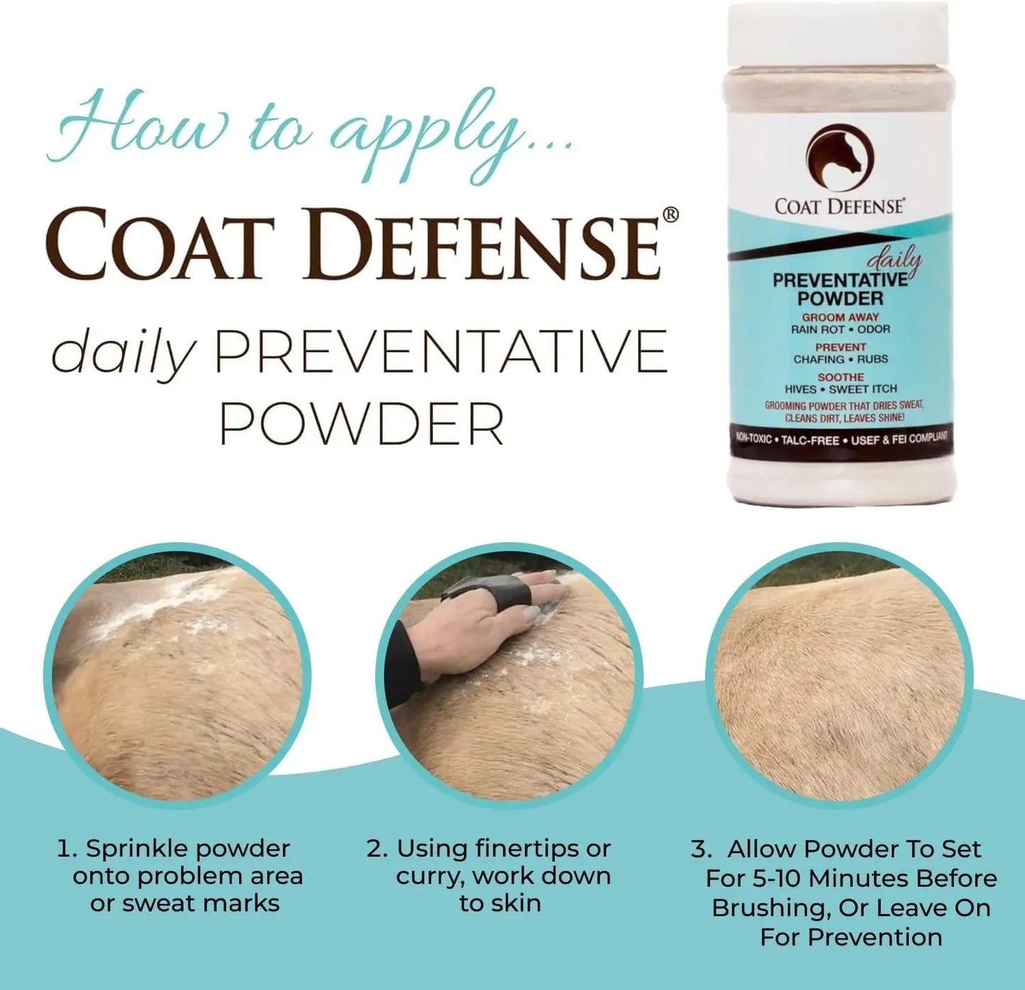 COAT DEFENSE Daily Grooming Powder for Horses | Natural Dry Shampoo | 64 Oz Formula for a Fresh and Healthy Coat Horsepowder, Inc.