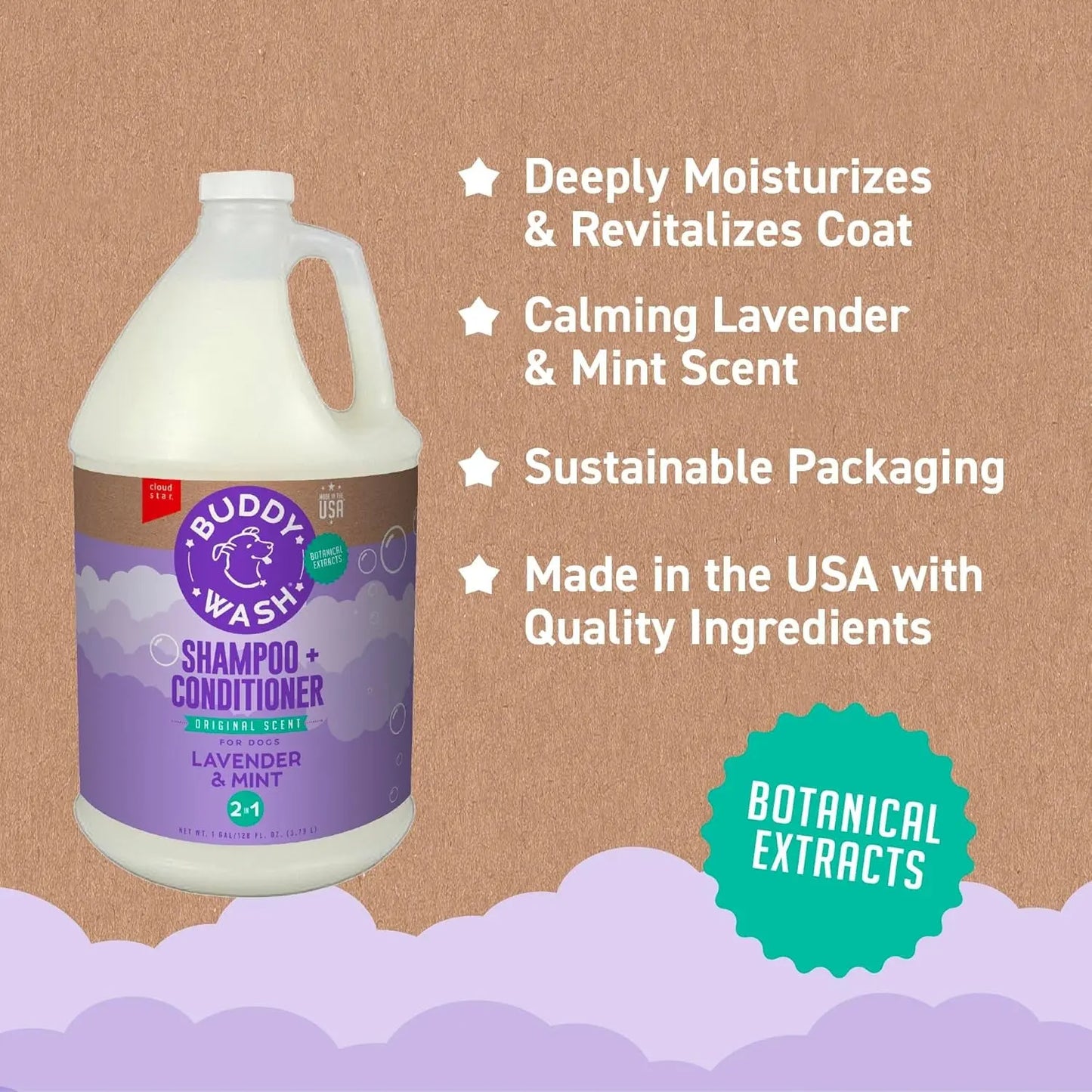 Buddy Wash 2-In-1 Dog Shampoo and Conditioner for Dog Grooming, Lavender & Mint, 1 Gal. Bottle